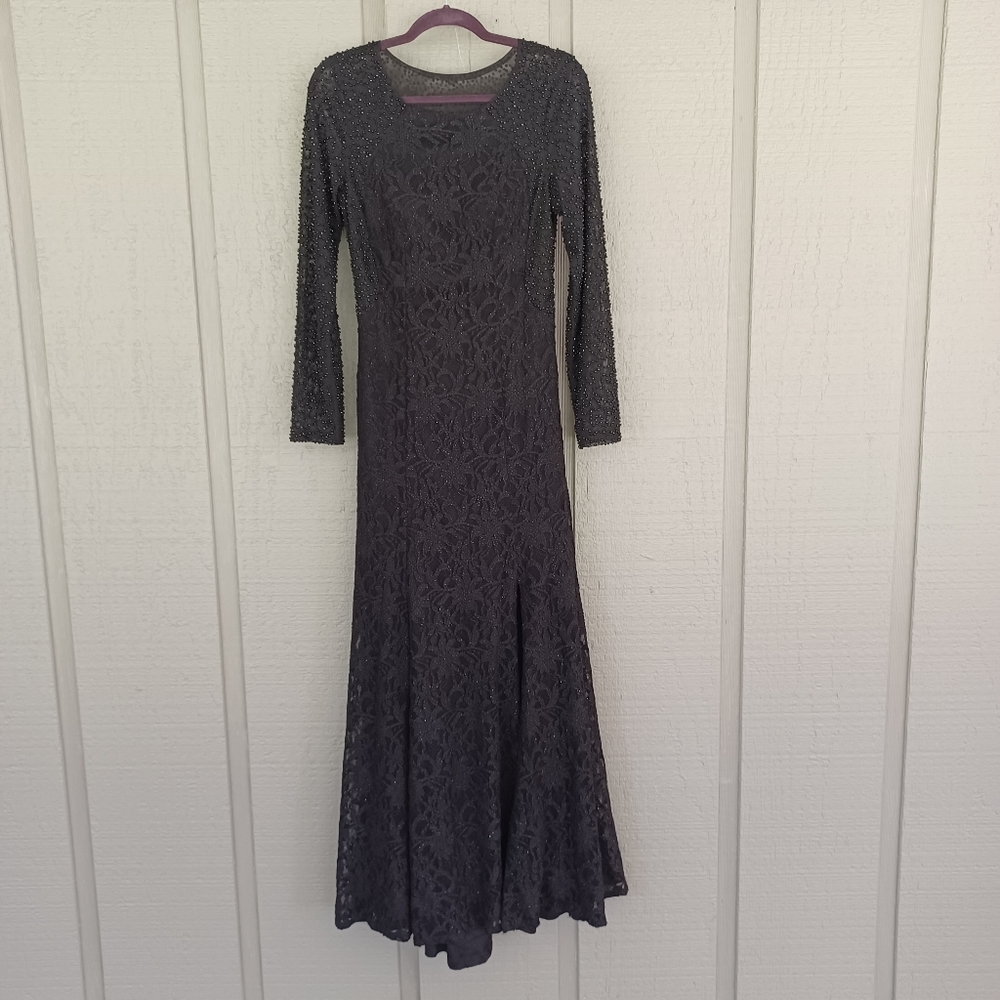 Cachet Vintage Lace Illusion Maxi Dress Size 8 Feminine Goth Formal Slit Black